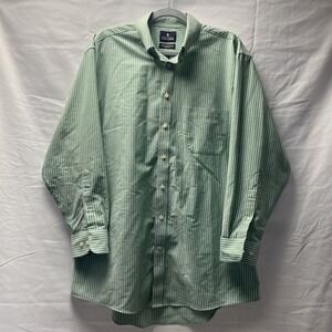 Stafford Men's 17 32-33 Wrinkle Free Oxford Long Sleeve Green White Stripes